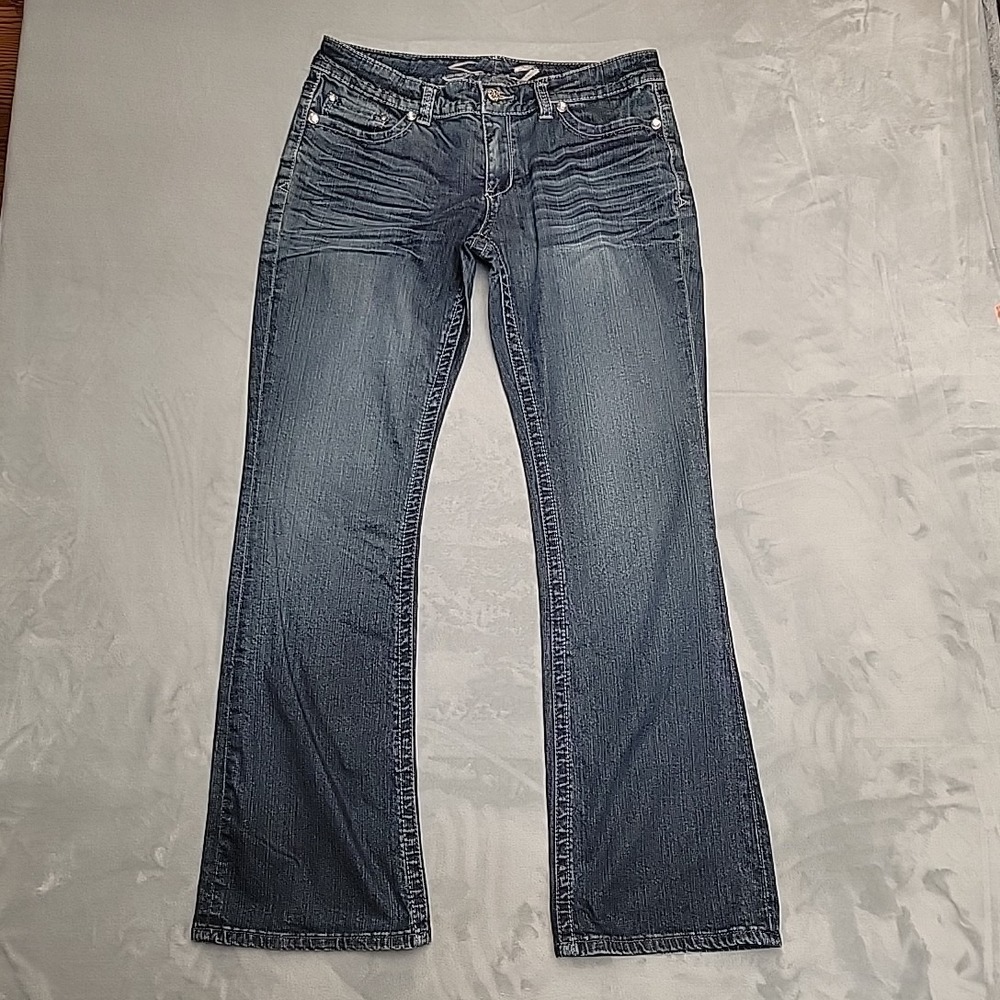 Seven7 Jeans Women 12 Blue‎ Whiskered Faded Bootcut Embroidered Pockets Denim